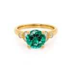 Round Emerald 18k Yellow Gold Shoulder Set Ring