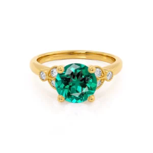 Round Emerald 18k Yellow Gold Shoulder Set Ring