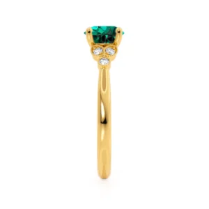 Round Emerald 18k Yellow Gold Shoulder Set Ring