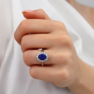 DIANA - Blue Sapphire & Lab Diamond 950 Platinum Halo