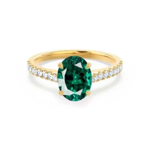 Emerald Oval & Diamond 18k Yellow Gold Shoulder Set Ring