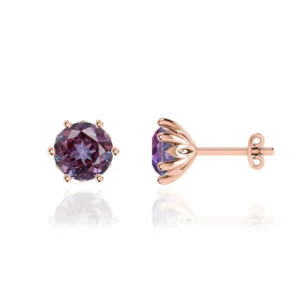 Round Alexandrite 18k Rose Gold Lotus Leaf Stud Earrings