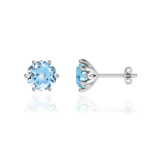 Round Aqua Spinel Platinum Lotus Leaf Stud Earrings