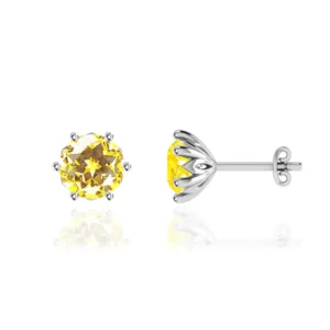 Round Yellow Sapphire 18k White Gold Lotus Leaf Stud Earrings