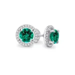 Round Emerald & Diamond 18k White Gold Halo Earrings