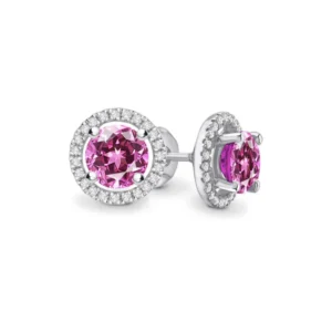 Round Pink Sapphire & Diamond 950 Platinum Halo Earrings