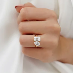 COMET Toi Et Moi Lab Diamond Emerald & Pear Cut Ring 18k White Gold