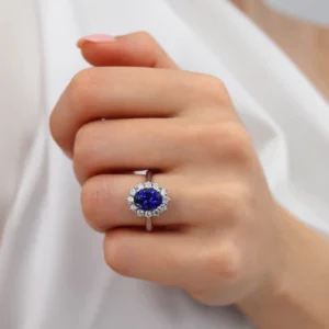 DIANA Blue Sapphire & Lab Diamond 950 Platinum Halo